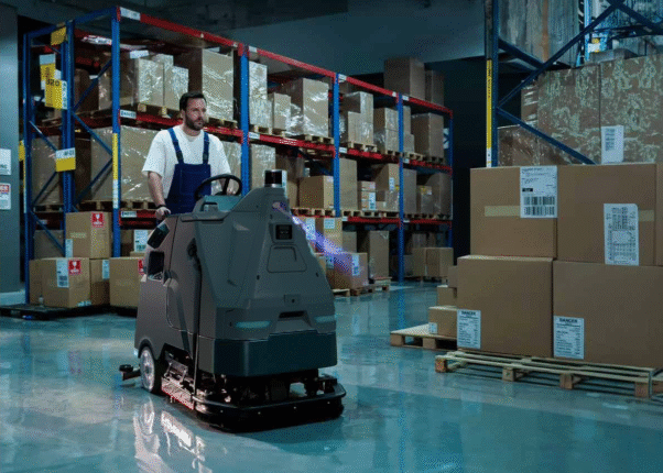 Titan autonomous cleaning machine cleaning in a warehouse
